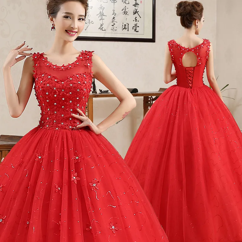 

Wedding Gowns 2019 Bridal Dress Ball Gown Simple Lace Tulle O-Neck Sleeveless Floor Length Red Plus Size Pregnant Summer Lace up