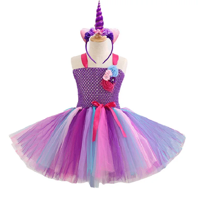 Girls Unicorn Tutu Dress Rainbow Princess Kids Party Dress+Headwear Christmas Halloween Cosplay Costume 2-12y clothing | Детская одежда