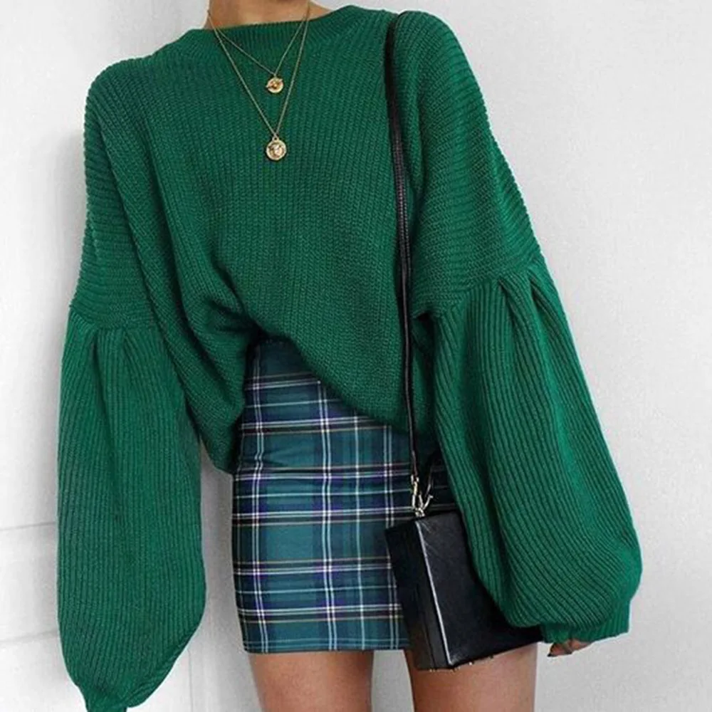 Женский трикотажный пуловер с длинным рукавом-фонариком и круглым вырезом |