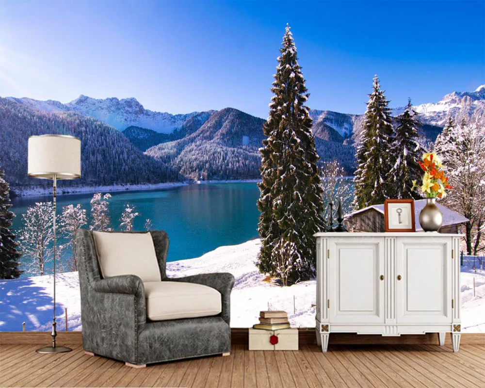 

Papel de parede Lake Mountains Winter House Snow Spruce Nature wallpaper,living room TV sofa wall kitchen wall papers home decor