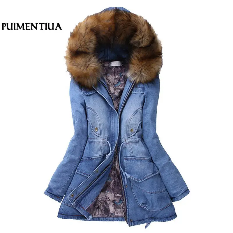 Puimentiua/2018 джинсовая куртка женская с меховым воротником Джинсовая парка на молнии
