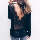 Сексуальная Женская блузка с длинным рукавом, v-образным вырезом и открытой спиной, кружевная Лоскутная модная женская рубашка, черная туника, женские топы