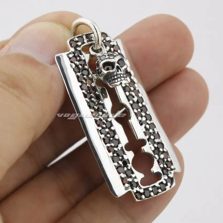 Linsion Лезвия для бритв dogtag Красный CZ Череп стерлингового серебра 925 мужские Байкер