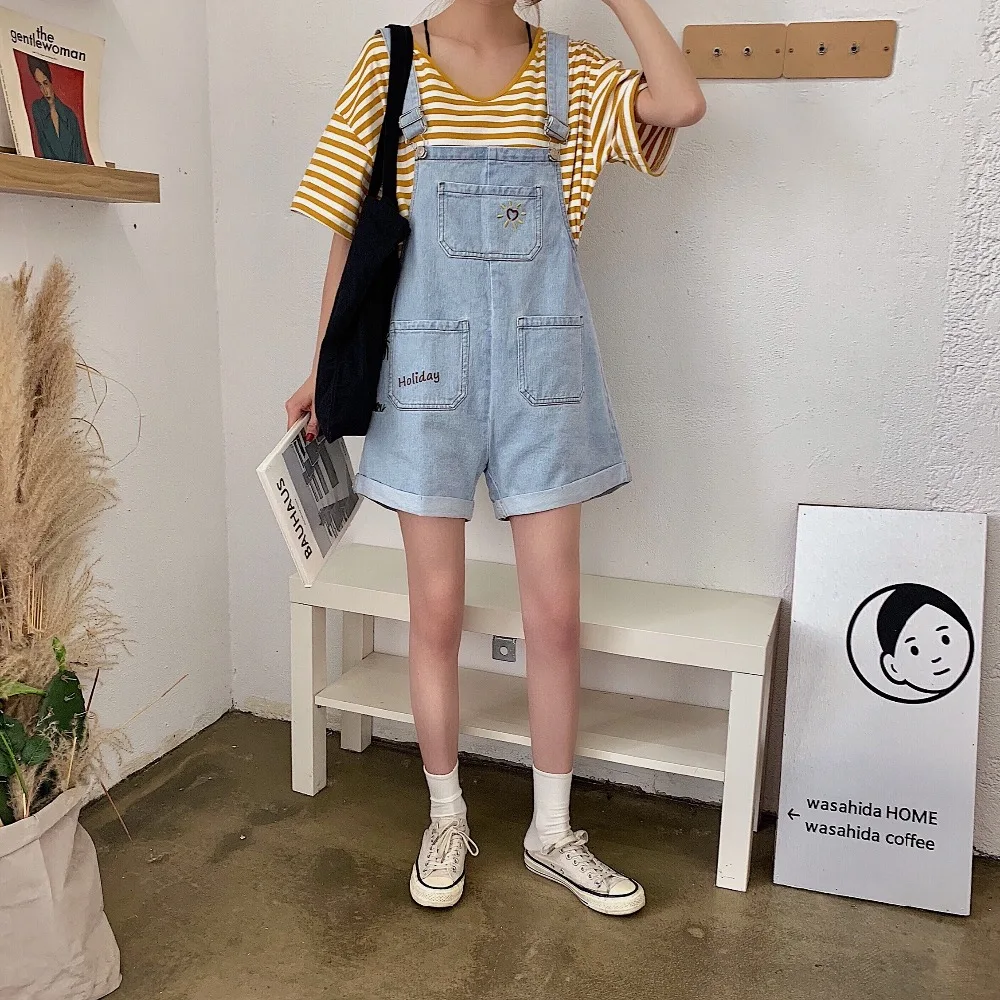Летний женский милый джинсовый комбинезон Harajuku, милый солнечный джинсовый комбинезон с вышивкой на лямках, повседневный Свободный комбинезон с широкими штанинами