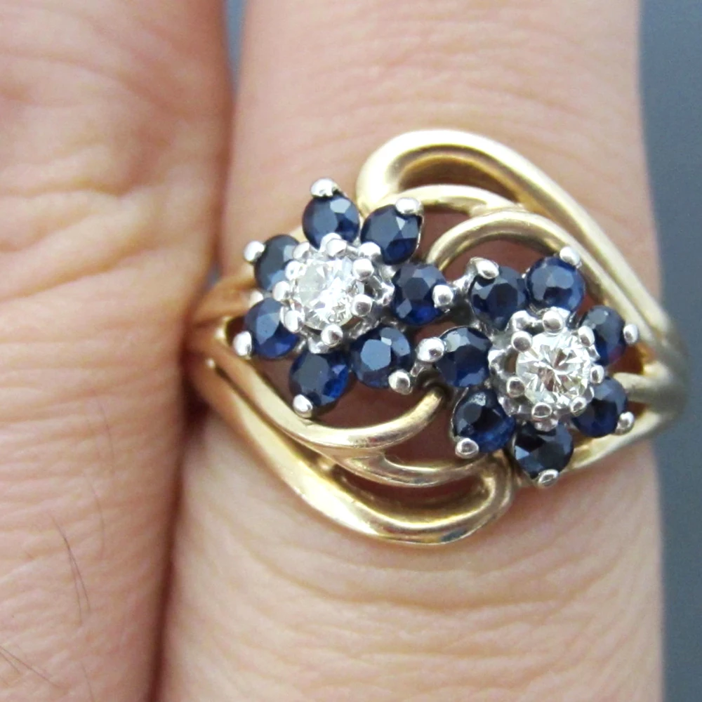

Vintage Round Brilliant Cut Moissanite & Deep Blue Sapphire Stone 0.55cttw Ladies Wedding Ring 14k Yellow Gold Fine Jewerly
