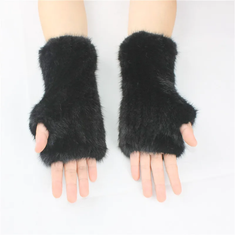 LIYAFUR Women's Real Genuine Knitted Mink Fur Winter Fingerless Gloves Elastic Net Mittens Arm Warmer Black Coffee | Аксессуары для