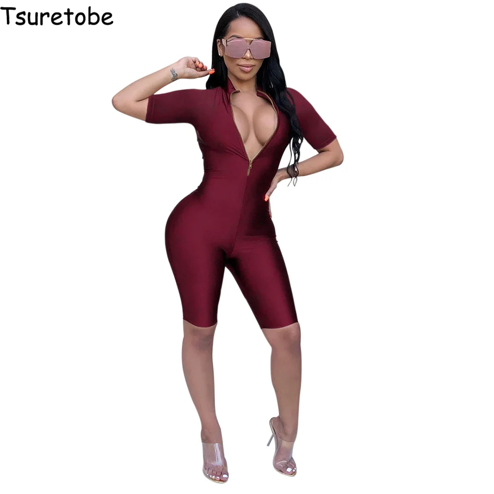 

Tsureobe Fashion Bodycon Playsuit Women Summer Short Sleeve Casual Zipper Jumpsuit Female Pure Color Elegant Bodysuit Rompers
