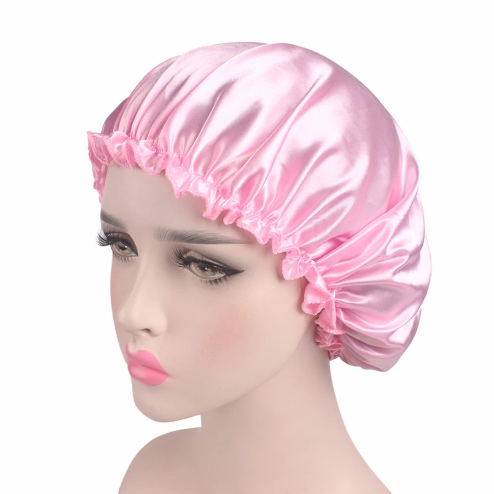 light pink Новинка, 58 см, модная Женская атласная ночная шапочка для сна, шапочка для душа, s Hair Bonnet, шелковая шапочка для головы, широкая эластичная лента - Цвет: light pink