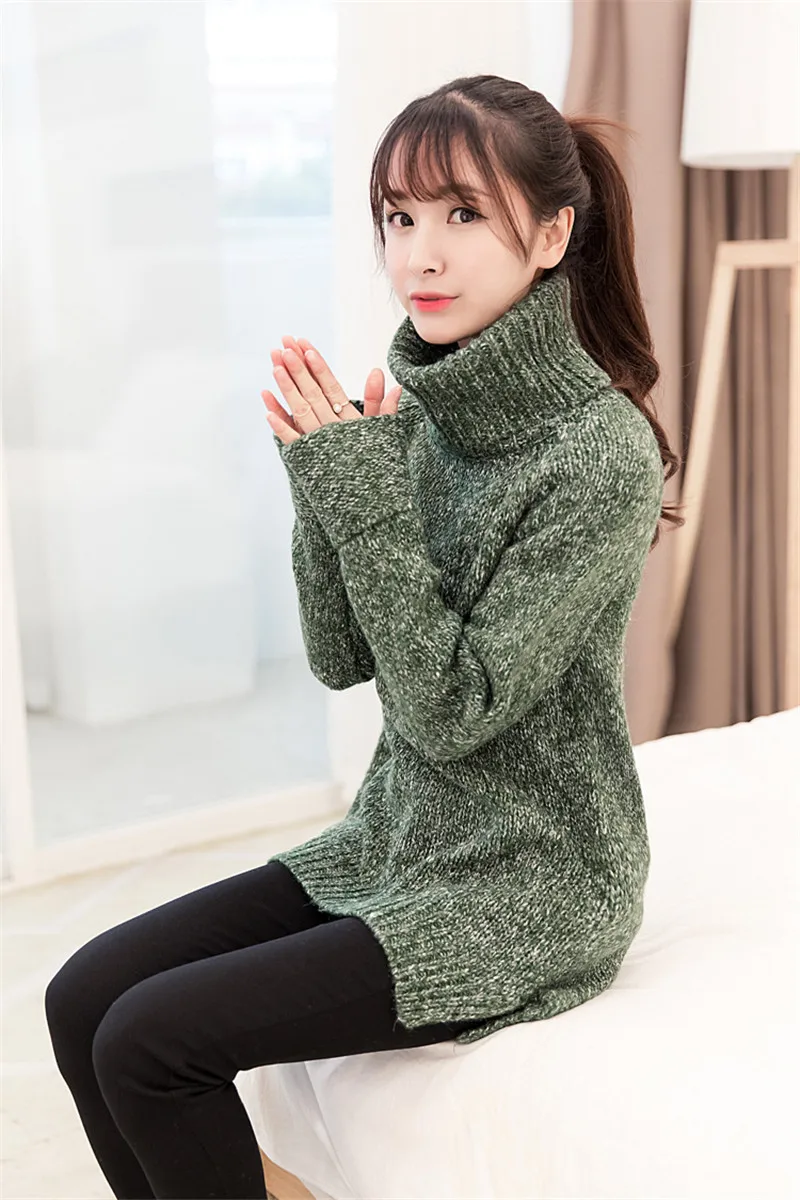 Свитер женский длинный с высоким воротом вязаный однотонный Осень-зима 65885 |