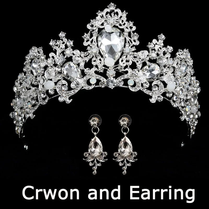 silver Свадебная Корона, королевская свадебная тиара, свадебная корона с серьгами, роскошные стразы, повязка на голову, диадема, украшение для волос невесты - Окраска металла: silver