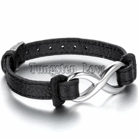 boniskiss new fashion black leather bracelet stainless steel charm infinity bracelet for men women buckle 23cm length adjustable