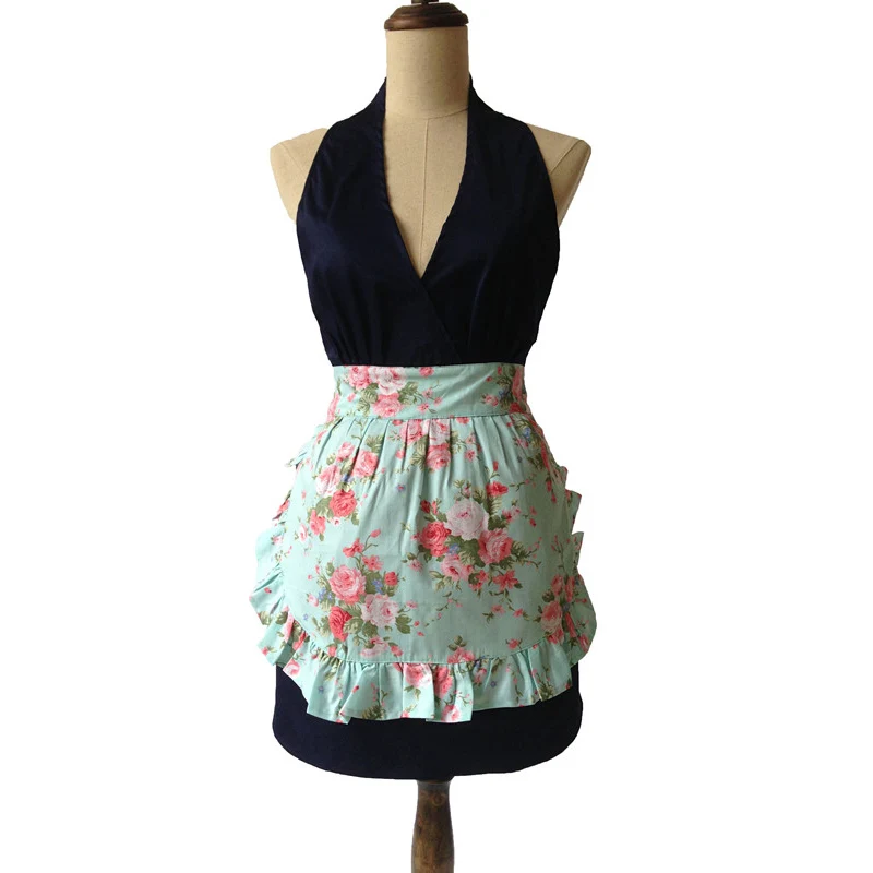 V образный вырез Ретро Кухня фартук Для женщин темно синего и розового цвета с