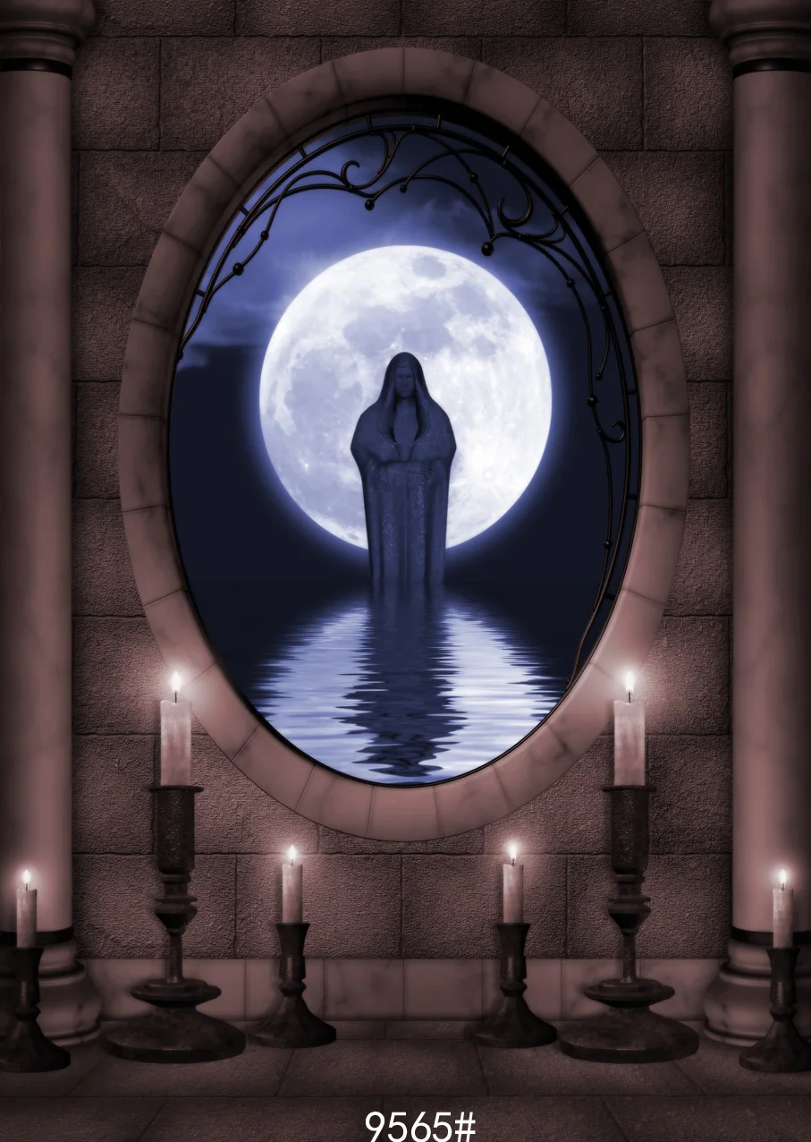 

Halloween Backdrop Fantasy Night Candles Oval Window Moon Water Photography Backdrops Vinyl Cloth for Photo Studio Photoshoot