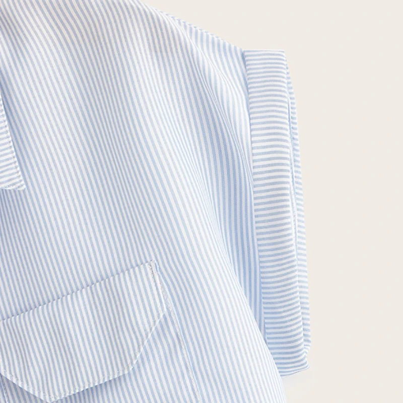 Dotfashion, синяя полосатая блузка с узлом на подоле, женская рубашка, лето, повседневная одежда с закатывающимися рукавами, женская рубашка с рукавами-крылышками