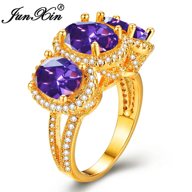 Purple Ring JUNXIN Роскошный желтый овальный камень большие свадебные кольца для женщин желтое золото Шарм Фиолетовый Синий оливковый зеленый цирконий обручальное кольцо - Цвет основного камня: Purple Ring