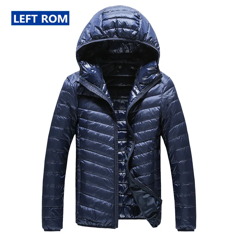 Navy blue Новая высококачественная теплая Модная мужская пуховая куртка с капюшоном из перьев однотонная Эксклюзивная Мужская пуховая куртка с пером тонкие легкие куртки - Цвет: Navy blue