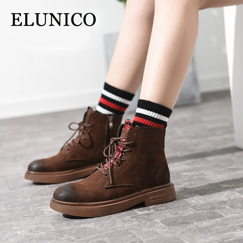 ELUNICO/2019 г. Новые зимние женские ботильоны в стиле ретро для школьников