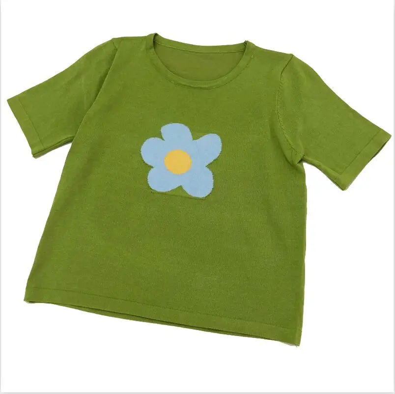 Green Женские трикотажные однотонные тонкие футболки с круглым вырезом и коротким рукавом для девочек, вязаные большие эластичные свободные футболки, топы FL1369 - Цвет: Green