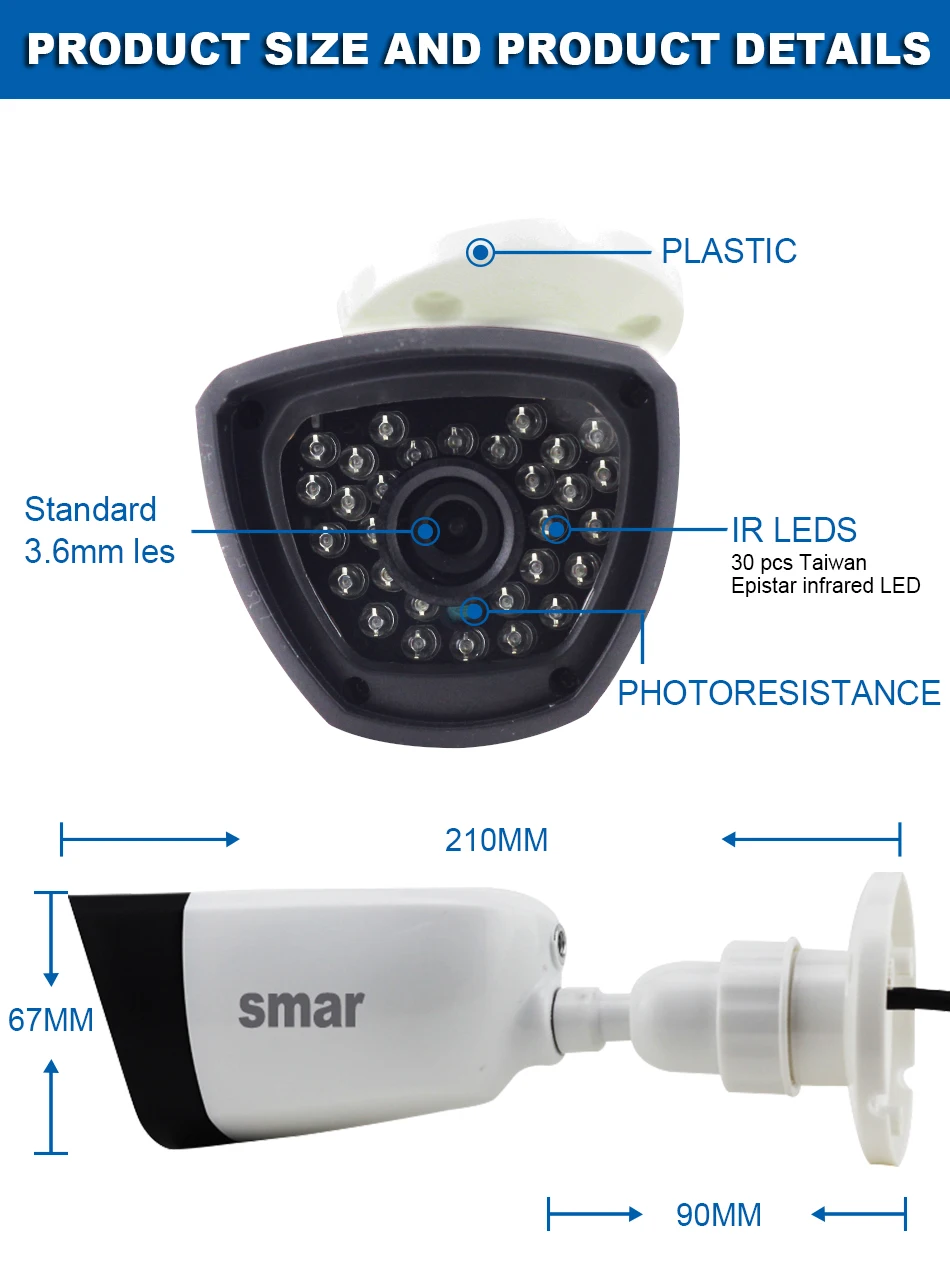 Smhd H.265 1080P IP камера 20FPS уличная Водонепроницаемая Камера Безопасности 30 шт. ИК светодиодов 15-25 м XMEYE P2P ONVIF пластик