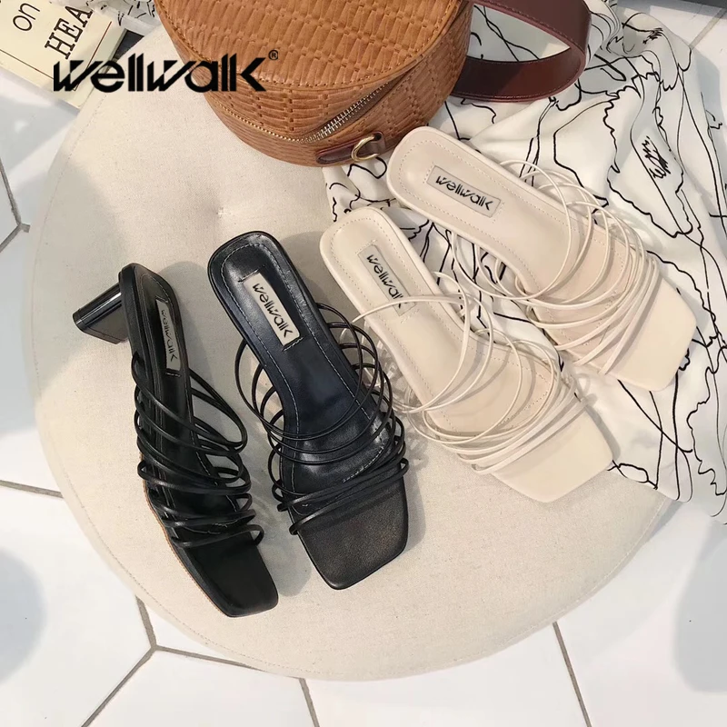 Wellwalk/тапочки с перекрестными ремешками женские Босоножки на каблуке женская