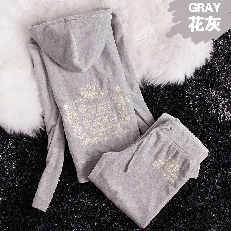 Light grey Спортивный костюм для женщин; сезон весна-осень; Новинка года; Повседневная модная одежда в европейском и американском стиле; цвет золотой, коралловый; бархатная Осенняя спортивная одежда - Цвет: Light grey