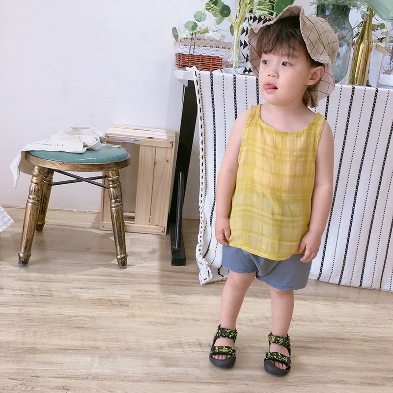 Футболки для девочек 2018 летние детские хлопок без рукавов в клеточку Детская