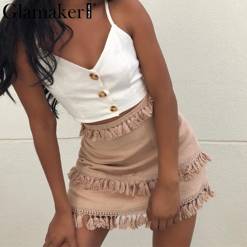 Женская мини юбка с кисточками Glamake Летняя трикотажная льняная черного цвета