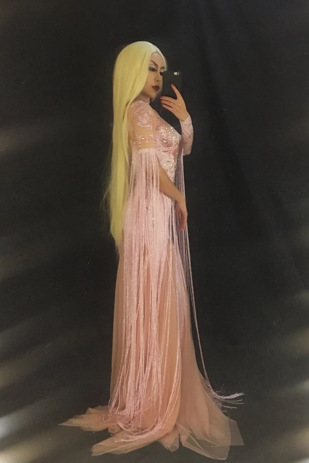 Women New Long Tassel Pink Sexy Trailing Dress Sparkling Crystals Costume Nightclub Party Singer Dancer Stage Wear |