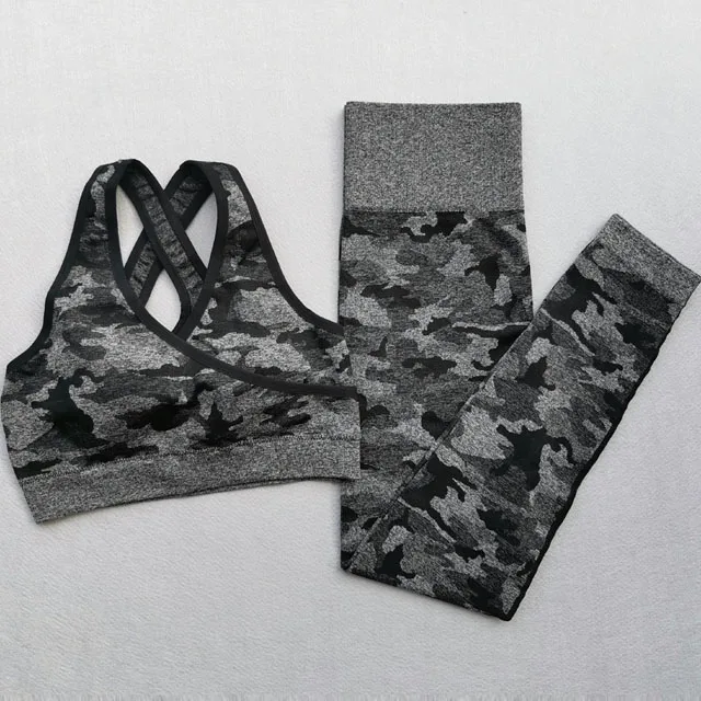 Black 2pcs set 2 шт., камуфляжные бесшовные спортивные костюмы, женская одежда для фитнеса, попа, Леггинсы для йоги+ высокоэффективный спортивный бюстгальтер, набор для йоги, женский тренировочный костюм - Цвет: Black 2pcs set