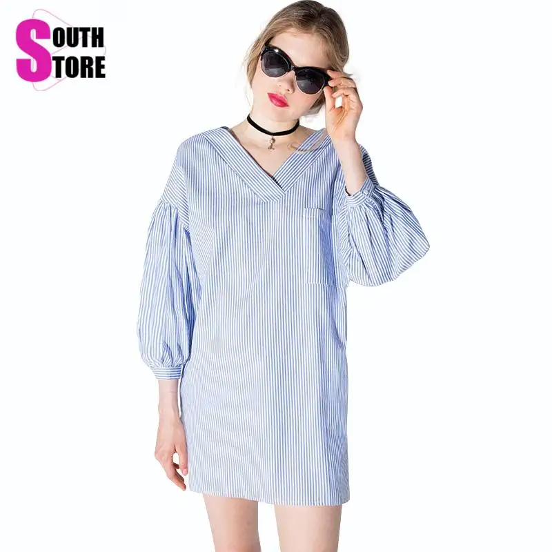 2017 Новый Сладкий Контрастность Синий Белой Полосой Печатные Платья Один Карман