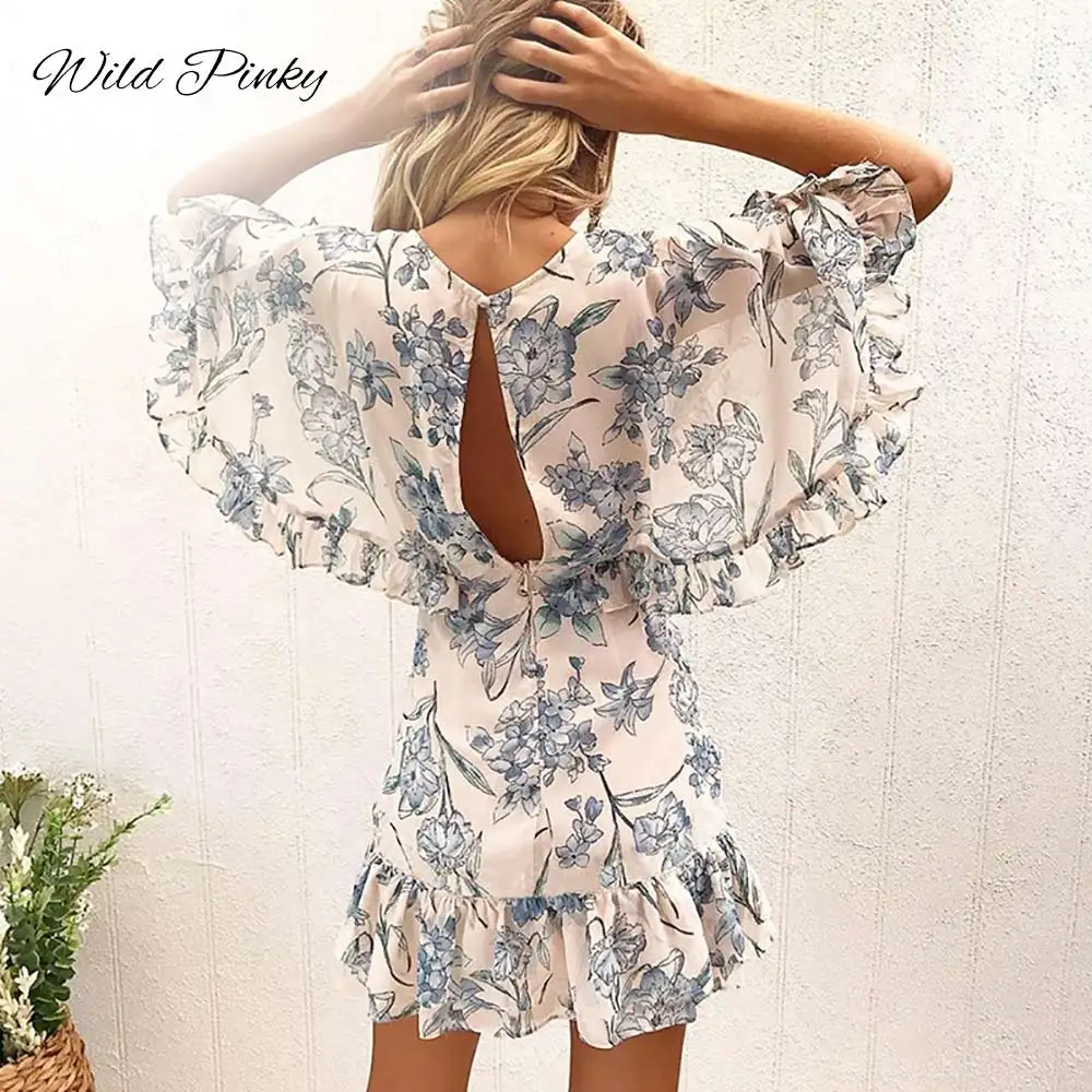 

WildPinky New Arrival High Quality Fashion Ruffles Women Flower Print Dress Sexy Summer V-neck Half Sleeve Lace Dress Vestidos