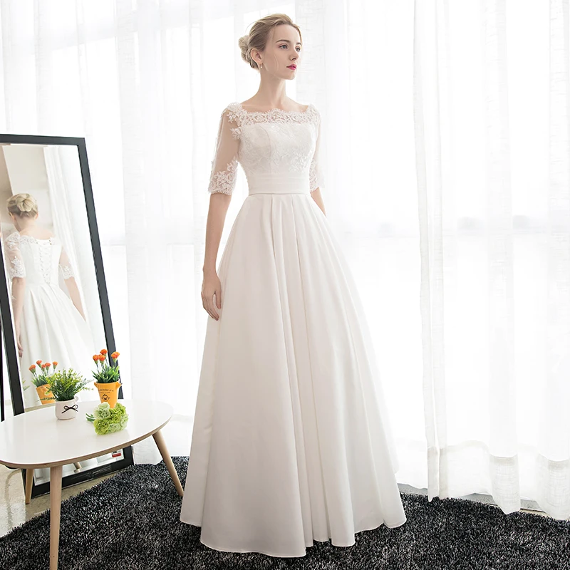 Красивые белые кружевные вечерние платья 2019 длинные с круглым вырезом для