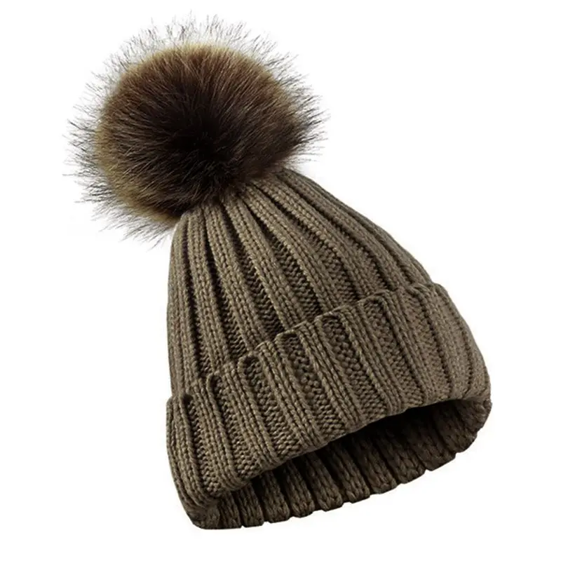 Новинка, женская, Мужская зимняя вязаная шапка, одноцветная, однотонная, шерстяная шапка с манжетой, утолщенная шапка с милым пушистым помпоном - Цвет: NO.KH