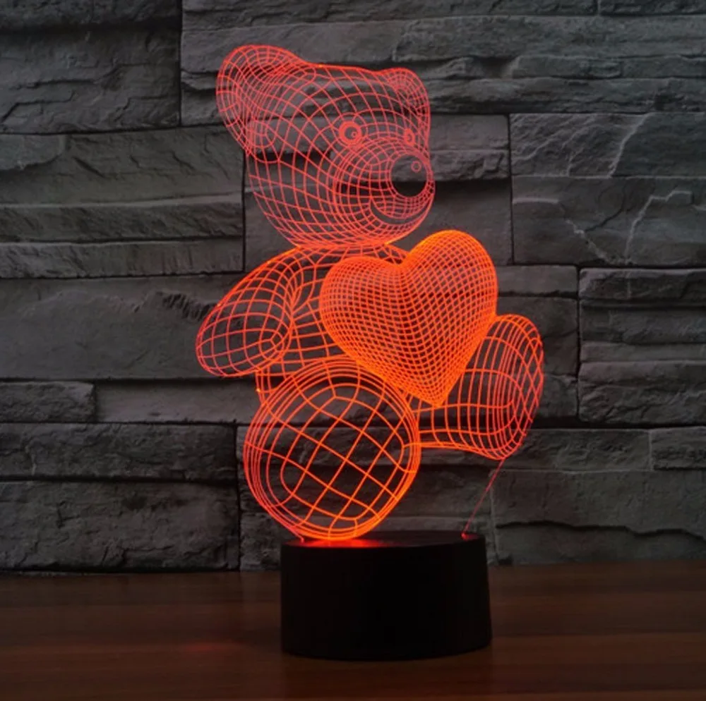 Акриловая Светодиодная лампа в форме милого сердца и медведя 3D ночник для детей