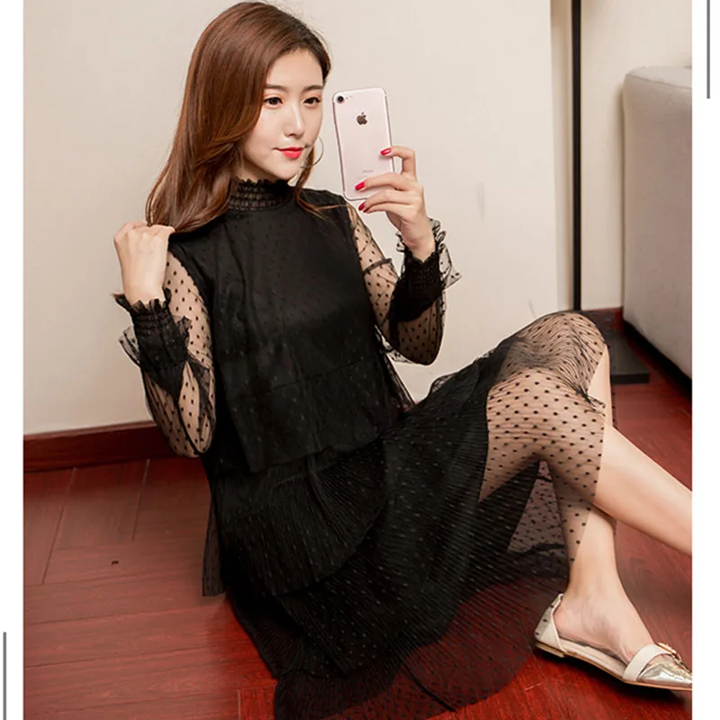 Длинные рукава сетчатая ткань кружевное платье для беременных женская одежда