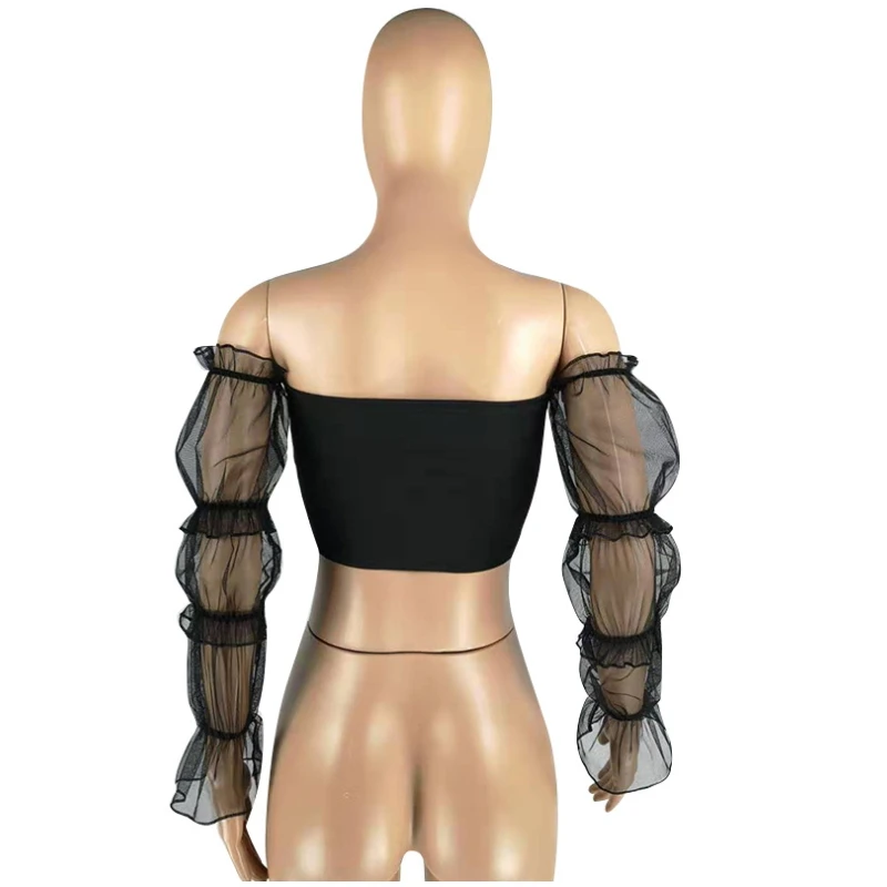 2019 Summer Style Slash Neck Letter Mesh Flare Sleeve Perspective Tshirt For Women Backless Crop Top Sexy Cropped Blusas Tunic | Женская