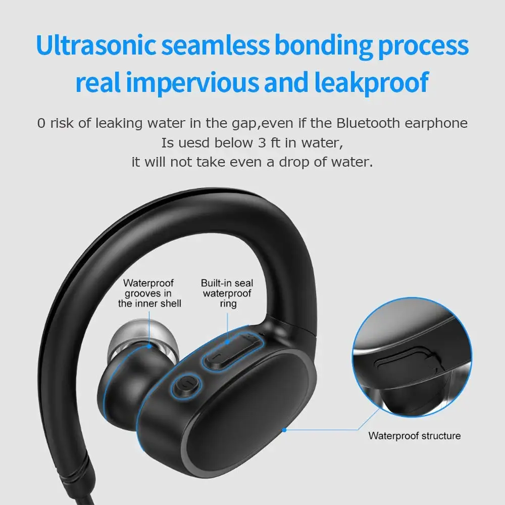 OVEVO X9 Waterproof Bluetooth Headphones IPX7 Sweatproof Technology Wireless Sport Earphones with Mic Built-in Memory 8GB Blac |
