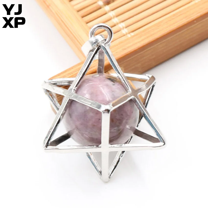 Rhodonite 1 шт. Energy Merkaba кулон из натурального камня аметисты Розовый Кварц Круглые бусины рейки колье с целебным кулоном подвесные шармы Ювелирные украшения подарок - Окраска металла: Rhodonite