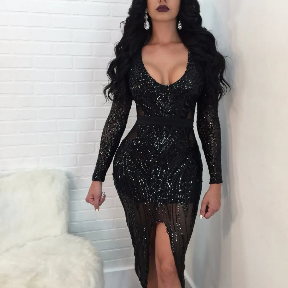 

high quality vestido 2018 new arrival Summer Women Knitting Sequined dress V-Neck long sleeve Mid-Calf bandage dresses