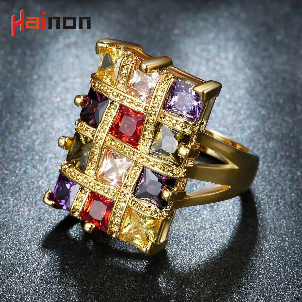 Кольцо Hainon золотое/серебряное цветное с фианитом модное квадратное роскошное