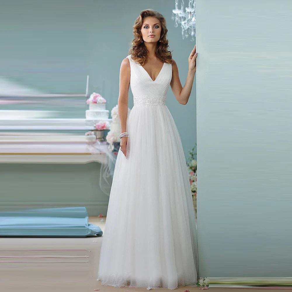 Vestidos De Novia На Заказ Белый Тюль V Шеи Молния Назад Линия Бисероплетение Длинные