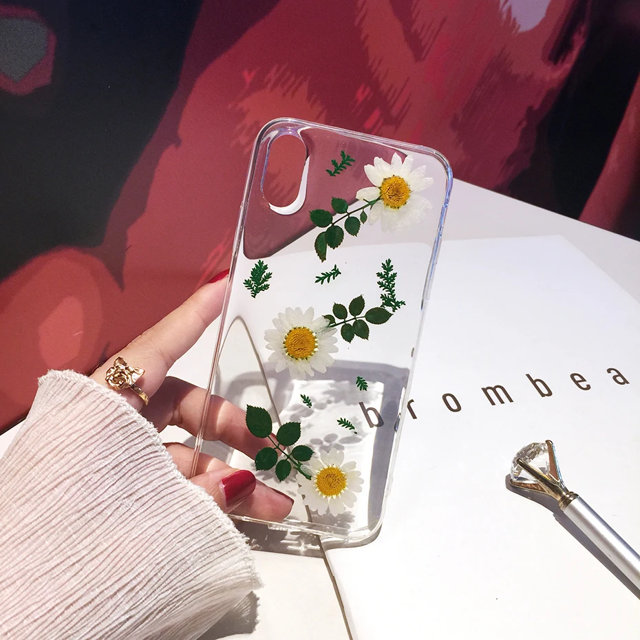 Qianliyao Real Dried Flower Phone Case For iPhone 11 Pro Max X Xr Xs Soft TPU Green leaf Back Cover for 7 8 Plus |