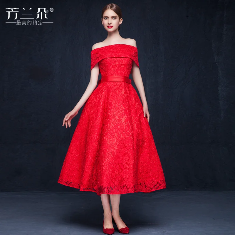 Romance Off the Shoulder Bow Lace Red Wedding Dresses Tea Length Ball Gowns vestidos de novia | Свадьбы и торжества