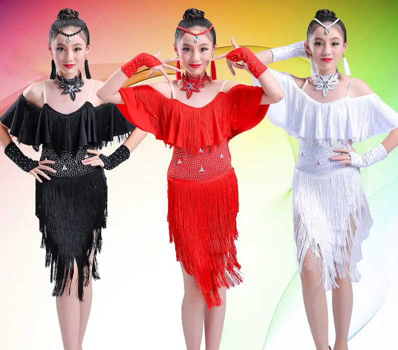 

Children tassel bright drill Black Red white Latin Salsa Dress Child Girls Kids Latin Dance Dresses Girls Latin Dance Costumes