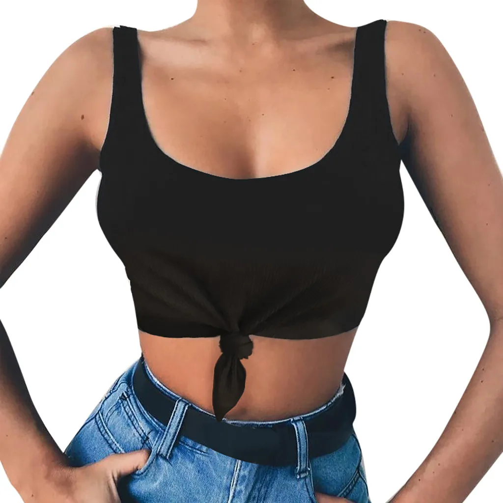Black Модные женские сексуальные короткие топы с круглым вырезом, одноцветные повязки, завязанные топы без рукавов, майка с открытыми плечами, топ, ropa mujer, модный летний топ#15 - Цвет: Black