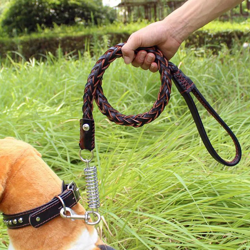 

Cowhide Woven Neckband Collars Plus Spring Dog Leads Harnesses Large Dogs Chain Traction Rope Dog Leash Pet Accessories Supplies