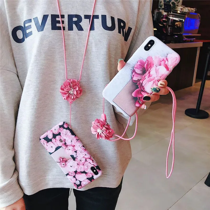 DISCASE IMD Vintage Camellia Phone Case For iphone X XR XS MAX 8 7 6plus 3D Scrub Lanyard TPU All Inclusive Coque | Мобильные