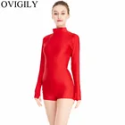 Женские гимнастические костюмы OVIGILY с высокой горловиной и отверстиями для больших пальцев, танцевальные костюмы для взрослых из спандекса, красные женские трико с длинным рукавом