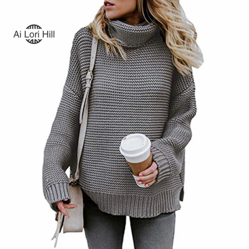 Ai Lori Hill Womens Turtleneck Sweater Knitted Loose Long Sleeve Pullover With Slit Winter Warm Thick Jacket Jumper Oversized | Женская