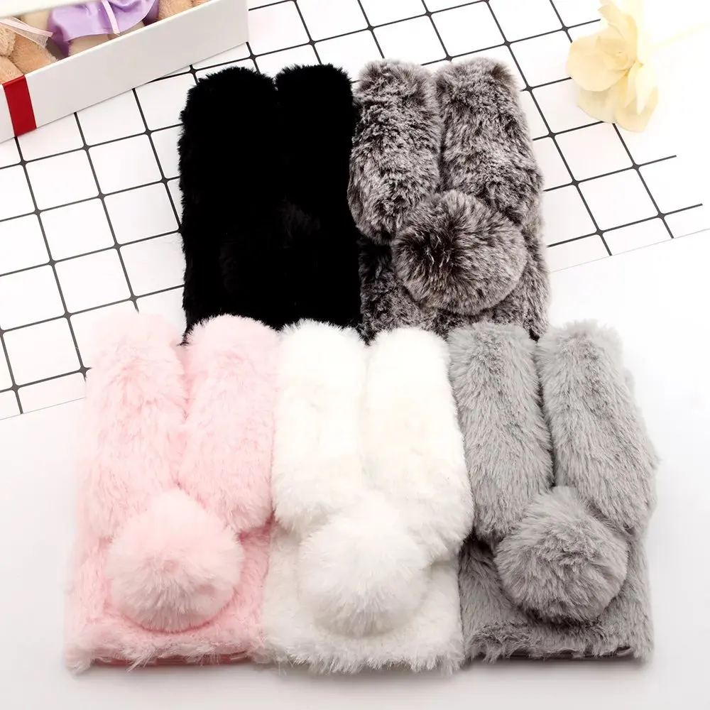 Чехол-накладка из мягкого ТПУ с объемным милым теплым пушистый кролик и мехом